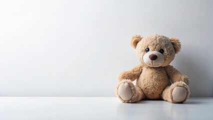 Cuddly stuffed animal sitting alone on a bright white surface