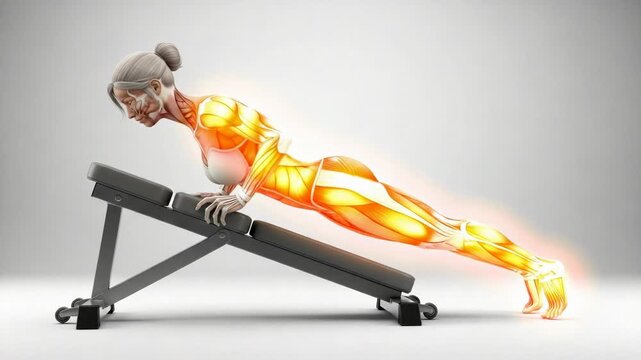 Anatomical view of a woman performing incline push-ups highlighting muscle engagement and exercise benefit with detailed muscle structure visible.