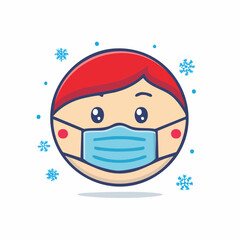 Obraz premium Cute cartoon character with red hair wearing a blue medical mask and surrounded by snowflakes.