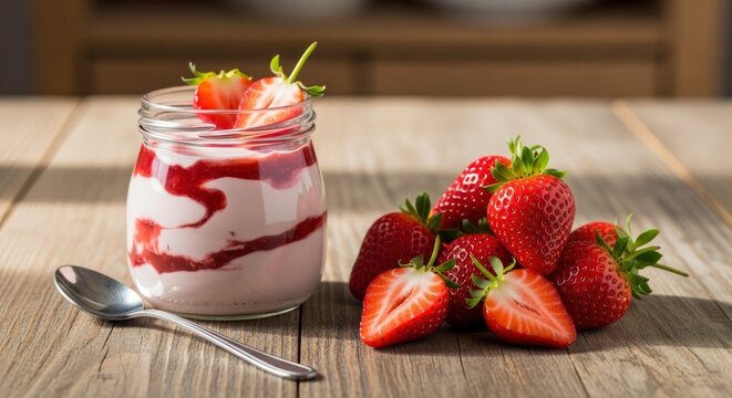 Delicious strawberry yogurt parfait with fresh strawberries on a rustic wooden table.