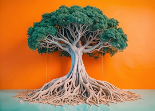 Ancient tree with sprawling aerial roots stretching down towards the ground like giant tentacles