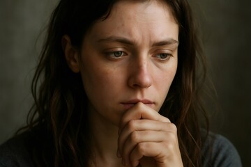 Portrait of a thoughtful young woman holding her fingers near her mouth, expressing concern and worry