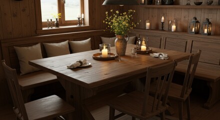 Cozy rustic wooden dining room interior illuminated by warm candlelight creating a romantic and inviting ambiance