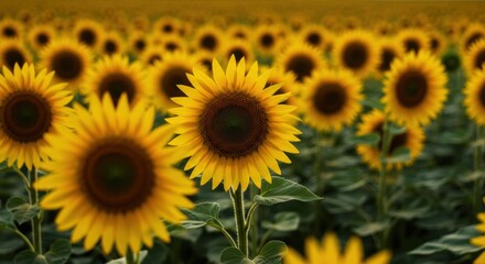 Fototapeta premium Detailed close-up of a single bright yellow sunflower in a vast, sun-drenched agricultural field during a warm summer day