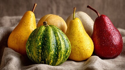 Squash and pears styled in color order, gradient layout on neutral cloth