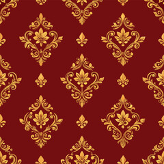 Luxury brocade seamless pattern, golden ornamental motifs on deep red fabric background