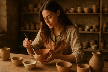 Young woman painting ceramic bowl with brush in pottery workshop, surrounded by handmade pottery