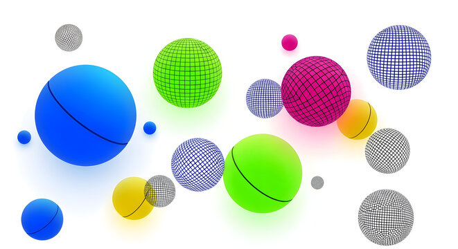 Abstract Geometric Spheres with Textured Grids in Vibrant Holographic Colors on a White Background