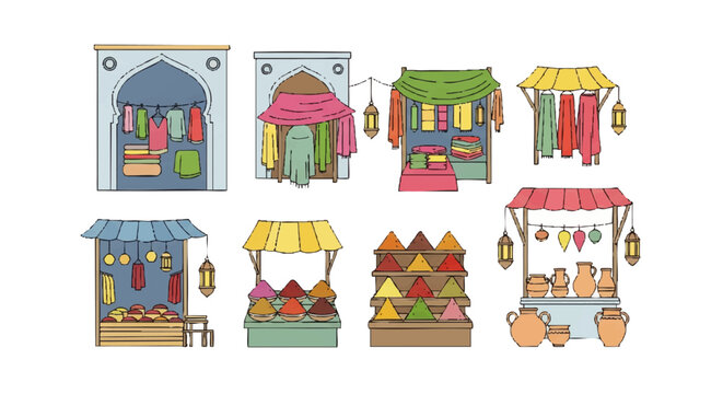 A colorful hand-drawn set of various oriental bazaar market stalls and shops.