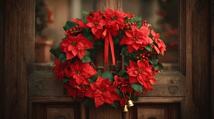 A christmas wreath with red poinsettias and golden bells hanging on a wooden door frame decor