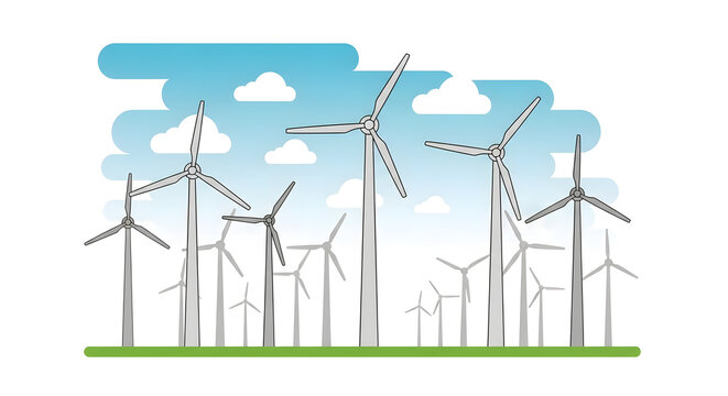Flat vector illustration of a wind farm with multiple turbines generating clean, renewable energy under a blue sky with clouds