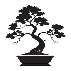Silhouette of a majestic bonsai tree in a pot