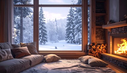 Cozy Winter Scene - Fireplace, Window, Snow-Covered Trees, and Comfort.