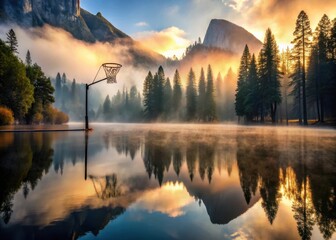 Fototapeta premium Basketball hoop at sunset near Merced Yosemite Lake with mist rising from the water