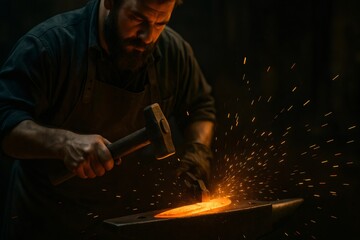 Blacksmith shaping metal with hammer on anvil, sparks flying in the dark forge, showcasing traditional craftsmanship and industrial metalworking