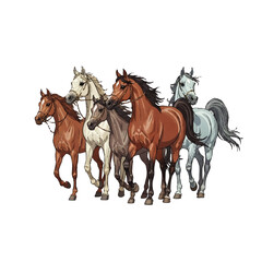 Fototapeta premium A dynamic herd of five illustrated Arabian horses in various colors, trotting with flowing manes.