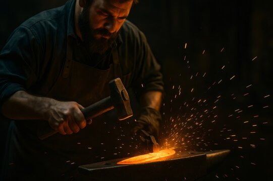 Blacksmith shaping metal with hammer on anvil, sparks flying in the dark forge, showcasing traditional craftsmanship and industrial metalworking - Powered by Adobe