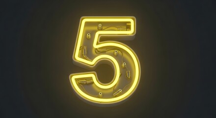 Bright Yellow Neon Number Five on Dark Background.