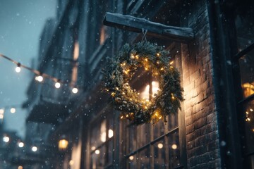 Naklejka premium Beautiful winter scene with festive wreath and twinkling lights in a cozy urban setting during snowy evening