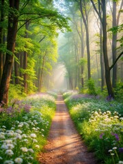 Fototapeta premium Gentle mist rises from a serene forest path lined with blooming wildflowers in soft focus