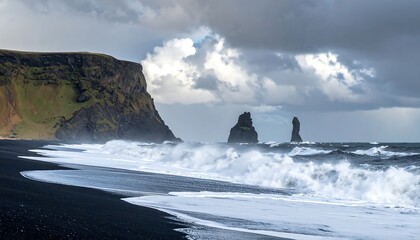 Dramatic waves crash against a dark volcanic beach, showcasing rugged basalt columns and a dramatic sky.