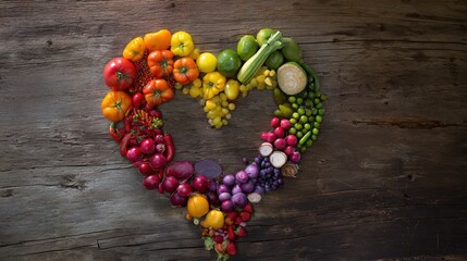 shallow. Fresh vegetables arranged in heart shape on rustic wooden table with warm natural tones and soft lighting. menu design.