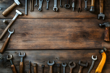 Top down view of assorted tools on wooden workbench for craftsmanship and diy projects
