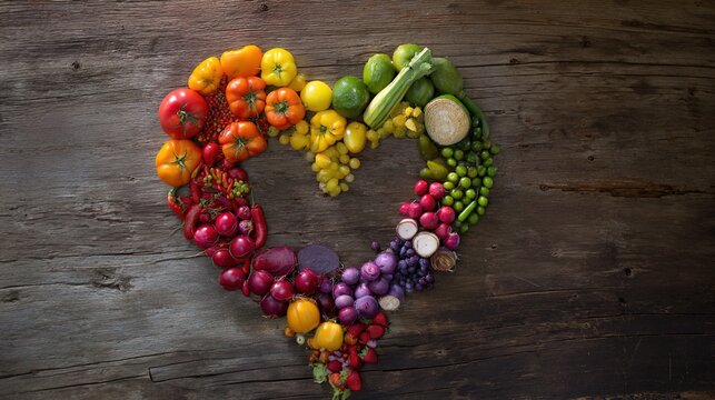 shallow. Fresh vegetables arranged in heart shape on rustic wooden table with warm natural tones and soft lighting. menu design. - Powered by Adobe