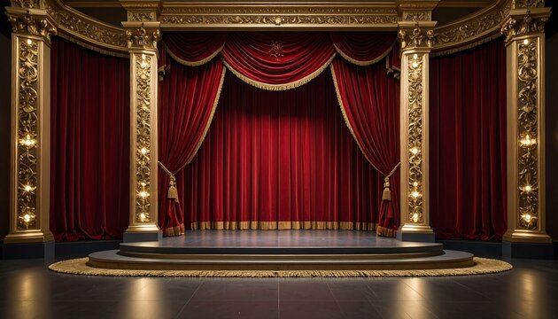 Luxurious Theater Stage with Red Velvet Curtains and Golden Decor.