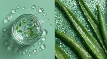 Split image composition showing aloe vera gel in a jar with water droplets and a macro view of aloe leaves on a mint green background.