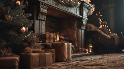 Naklejka premium Cozy Christmas Fireplace with Decorated Tree and Gift Boxes in Warm and Inviting Living Room Atmosphere