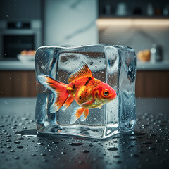 goldfish in ice, frozen goldfish, live goldfish concept, goldfish ice cube, animal frozen in ice, goldfish macro, frozen animal, goldfish freshness, ice cube with goldfish