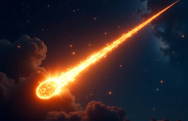 blazing meteorite hurtles downwards dark sky fiery tail trailing behind pierces atmosphere