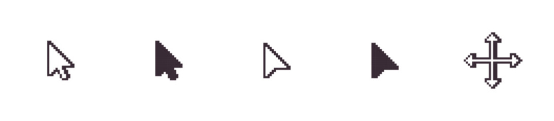Retro Pixel Arrow Cursor Icons Set with Mouse Pointers and Move Tool for UI UX Design and Digital Interfaces
