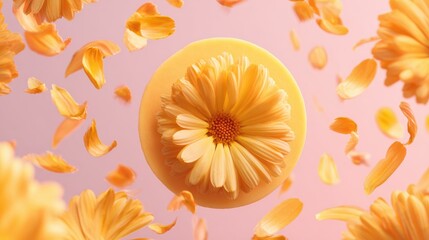 A yellow calendula flower with floating petals on a pastel background. 
