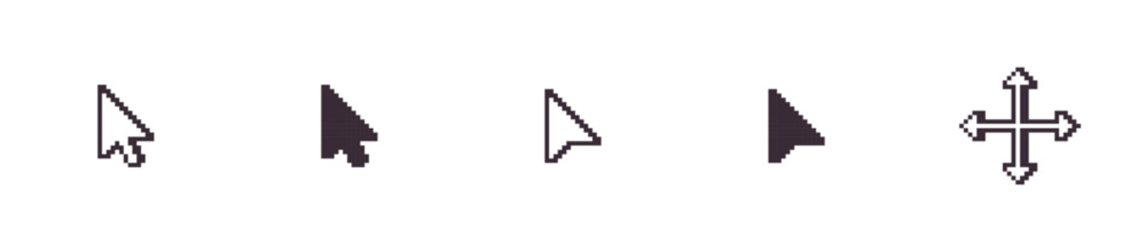 Retro Pixel Arrow Cursor Icons Set with Mouse Pointers and Move Tool for UI UX Design and Digital Interfaces