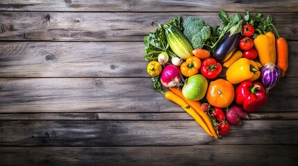 shallow. Fresh vegetables arranged in heart shape on rustic wooden table with warm natural tones and soft lighting. menu design.