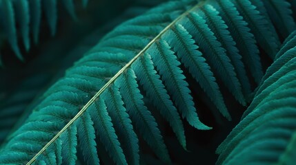 Closeup macro view of a dark teal fern leaf showing detailed texture and patterns on a dark background.