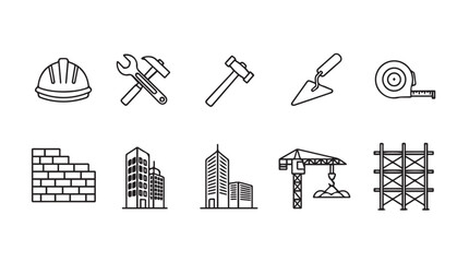 Fototapeta premium Collection of construction industry tools and buildings in a hand drawn silhouette style