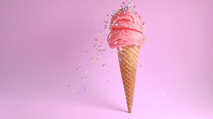 standing wafer cone pink scoops of ice cream decorated with strewed sprinkles on pink background, copy space, slow motion