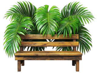 Rustic wood bench nestled against vibrant green tropical leaves on black background