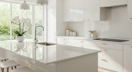 Elegant Kitchen Interior with Bright White Decor and Greenery