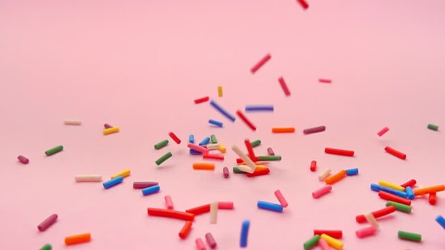 colorful sprinkles falling on pink background, decoration for cake and bakery, slow motion, close up
