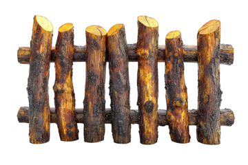 Rustic, brown wooden fence made of logs and branches on black background