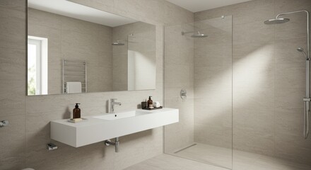 Modern bathroom interior with a spacious walk-in shower and minimalist vanity