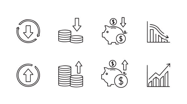 Set of financial icons showing growth and decline in a clean silhouette style