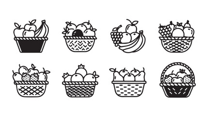 Collection of eight stylized fruit basket icons in a simple line art silhouette style