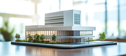 Close up of a modern architectural model of a building on a wooden surface in a bright sunny room with a blurred background