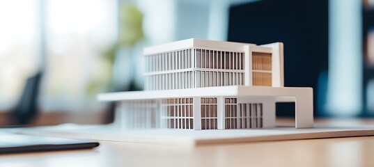 Close up of a modern architectural model of a building on a wooden surface in a bright sunny room with a blurred background