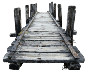 Rustic wooden bridge with decaying planks and upright posts against a black background
